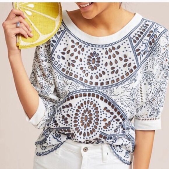 Anthropologie Maeve Ester NWT White/Blue Eyelet Top Sz XS - Picture 1 of 10